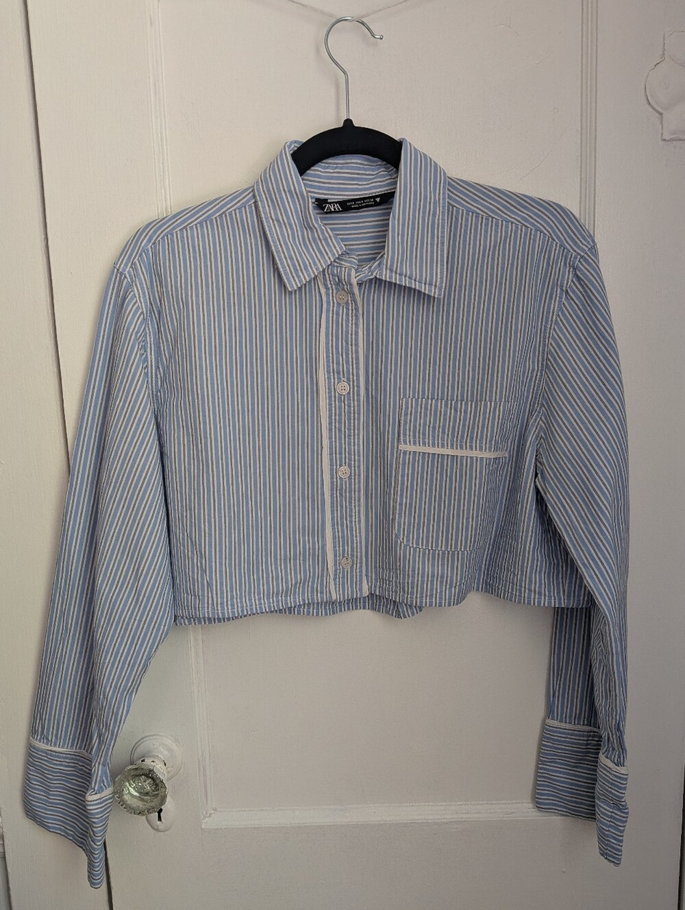 Zara Striped Cropped Long Sleeve Button-Up Shirt - Size S